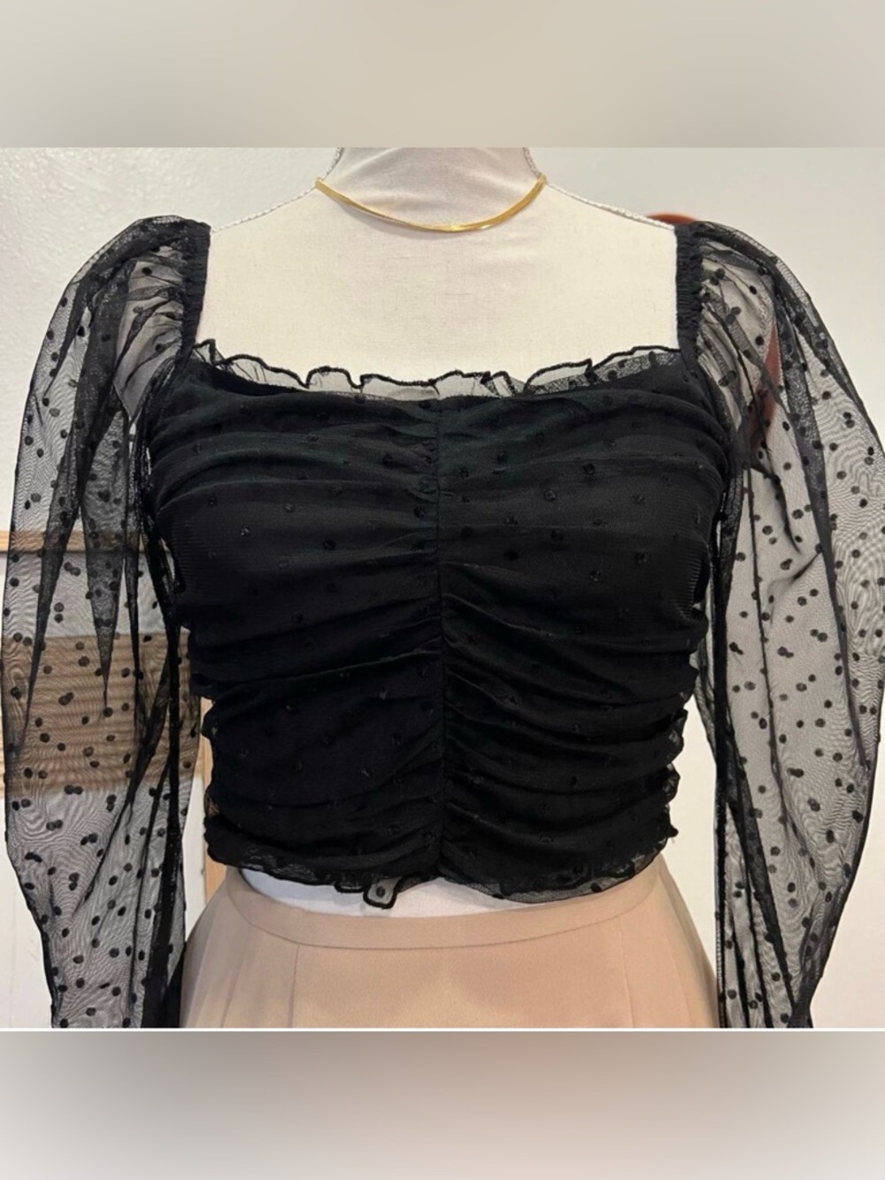 Black Semi Sheer Swiss Dot Puffed Long Sleeve Cropped Ruched Square Neck Top - M